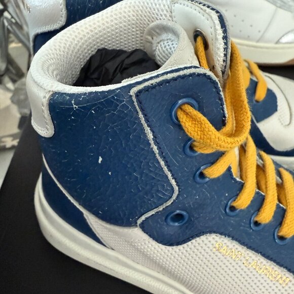 YSL SAINT LAURENT 610618 SL24 LEATHER SNEAKERS MID TOP WHITE BLUE SZ 41 - Picture 5 of 10